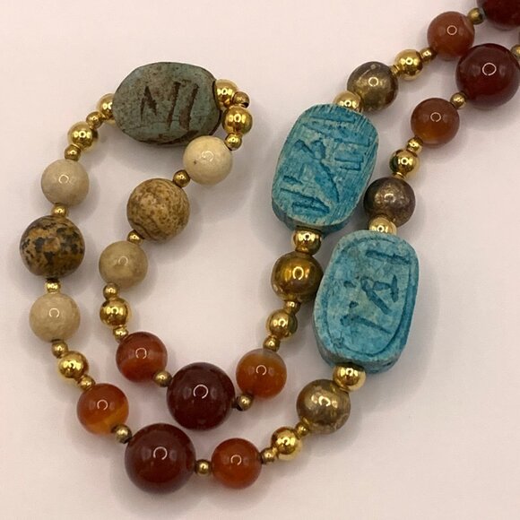 Carnelian Jasper Aqua Scarab Vintage Handmade Beaded Necklace J699 - Picture 5 of 11